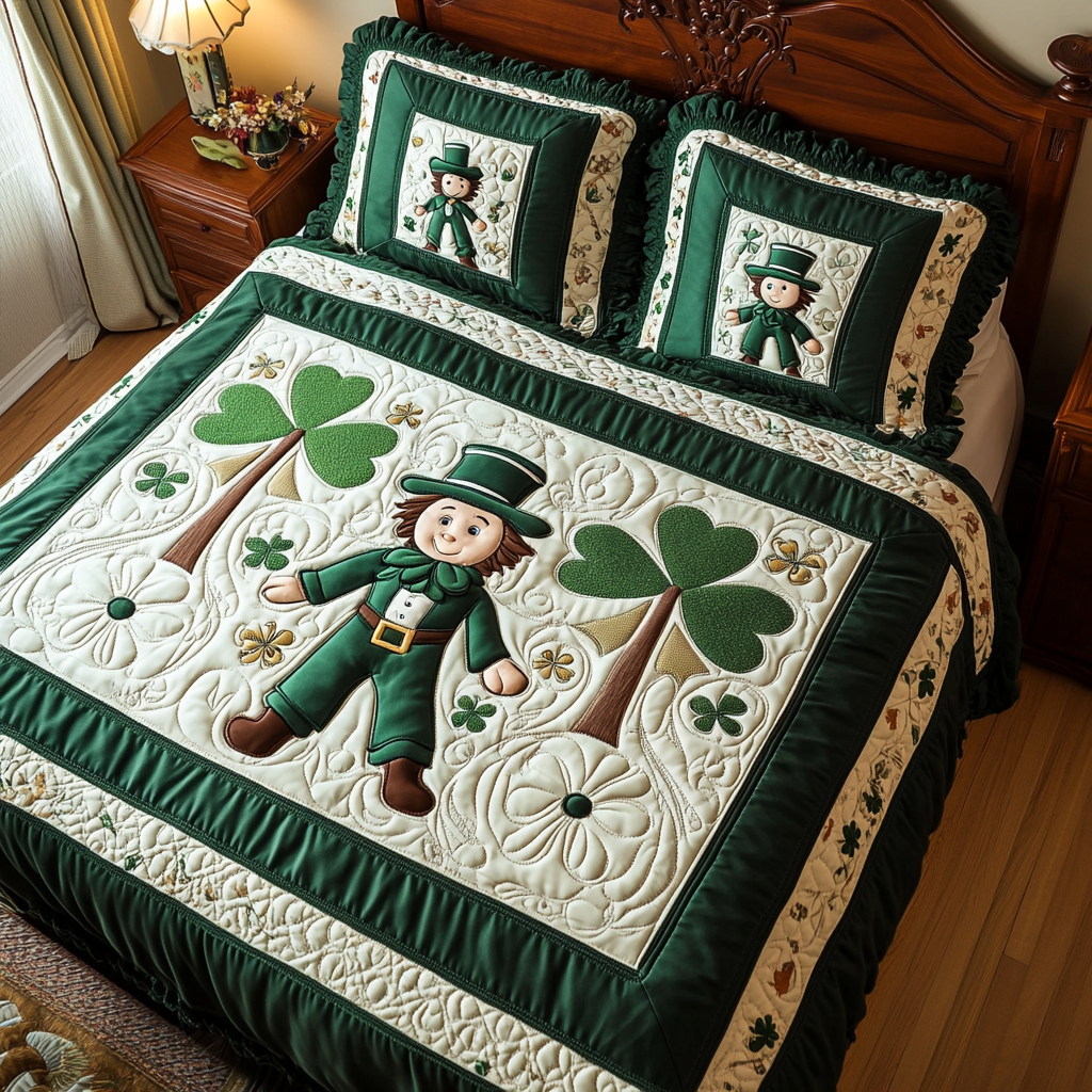 St Patrick's Day Leprechaun Print Pattern Bed Set Quilt