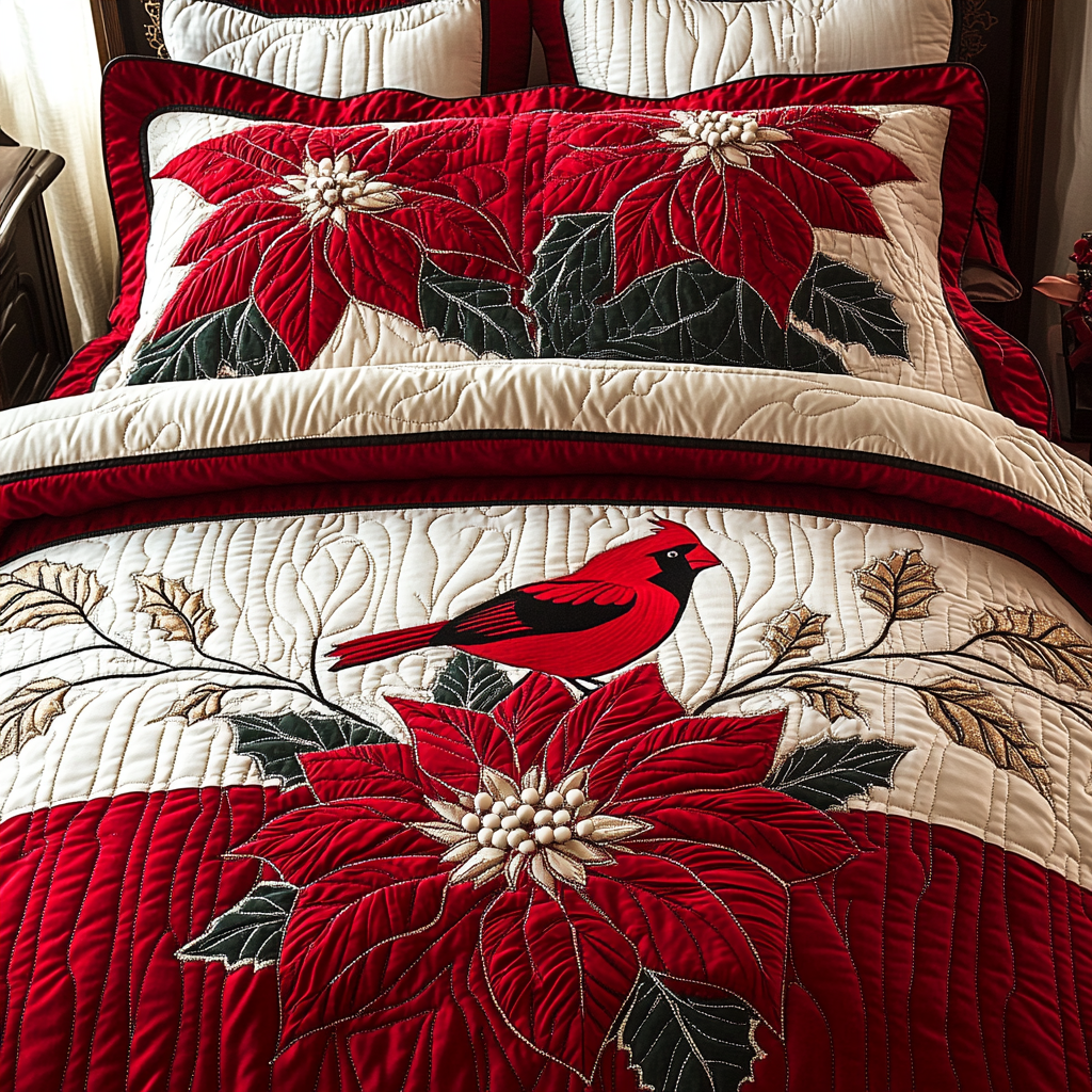 Christmas Poinsettia Cardinal TAI041124232 Quilt Bedding Set