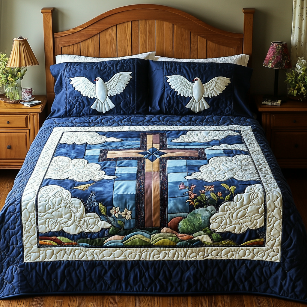 Dove With Christian Cross DAI090125039 Quilt Bedding Set