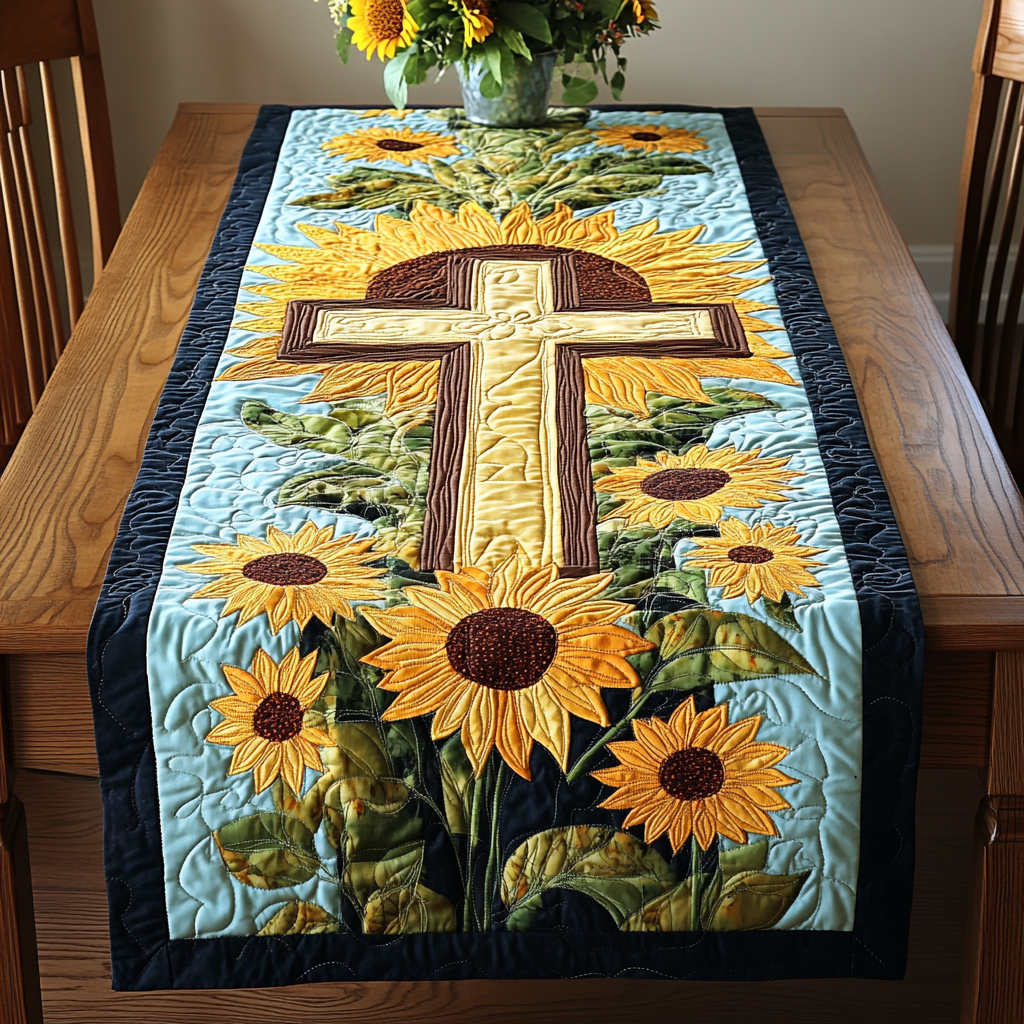 Sunflower Christian Cross DAI101224098 Quilted Table Runner – Alpha Quilt