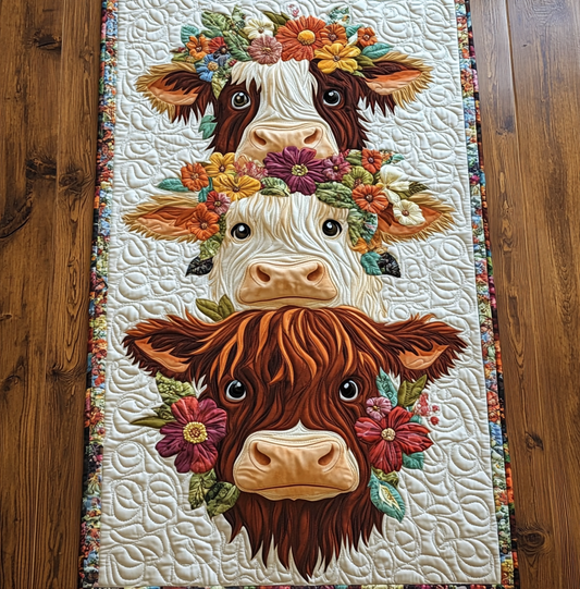 Flower Highland Cow DAI150125334 Quilted Table Runner