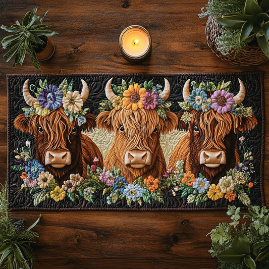 Flower Highland Cow DAI150125330 Quilted Table Runner