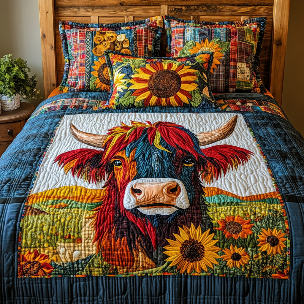 Sunflower Highland Cow DAI051224108 Quilt Bedding Set