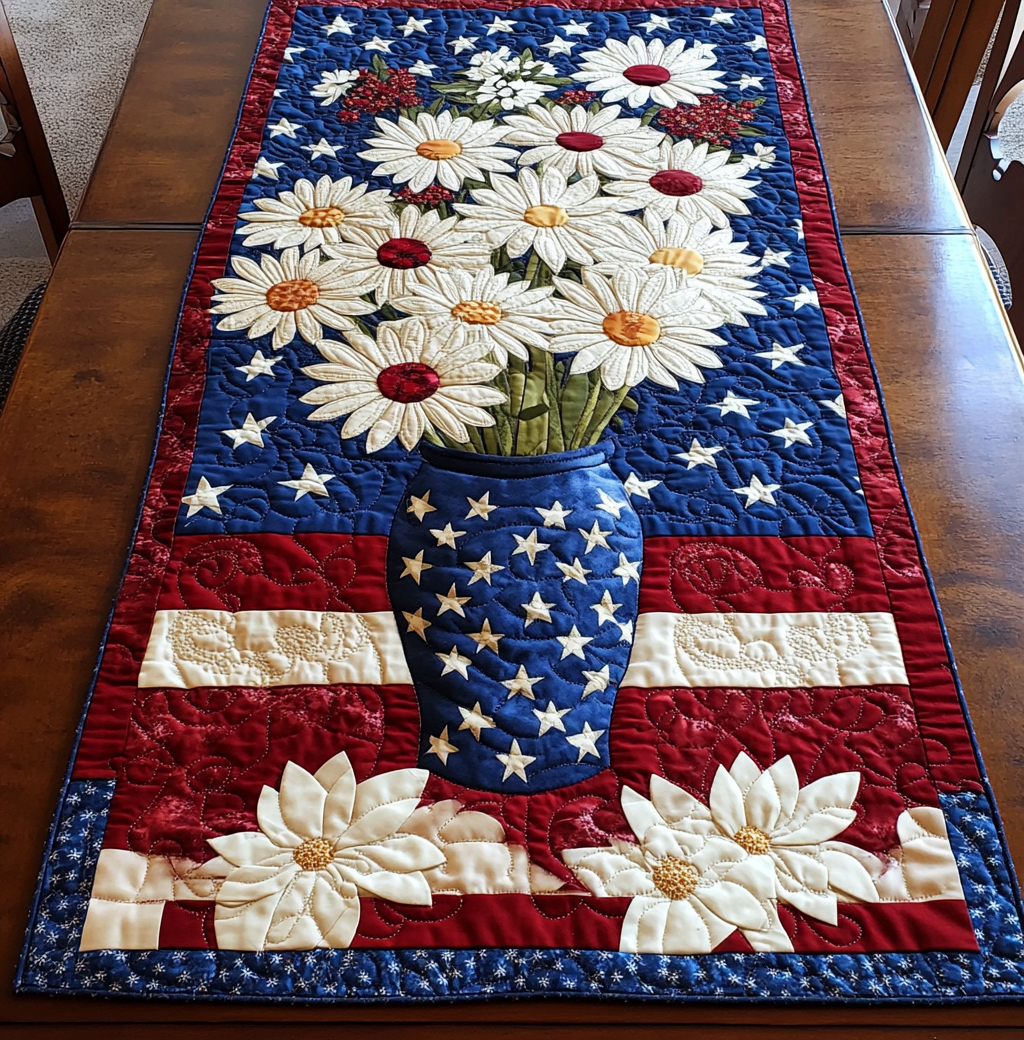 Patriotic Daisy Flower DAI200125321 Quilted Table Runner