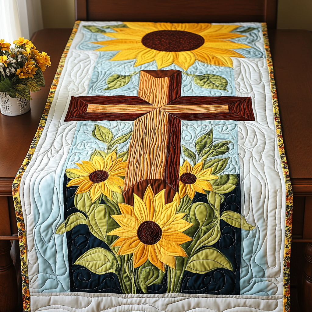 Sunflower Christian Cross DAI101224096 Quilted Table Runner – Alpha Quilt