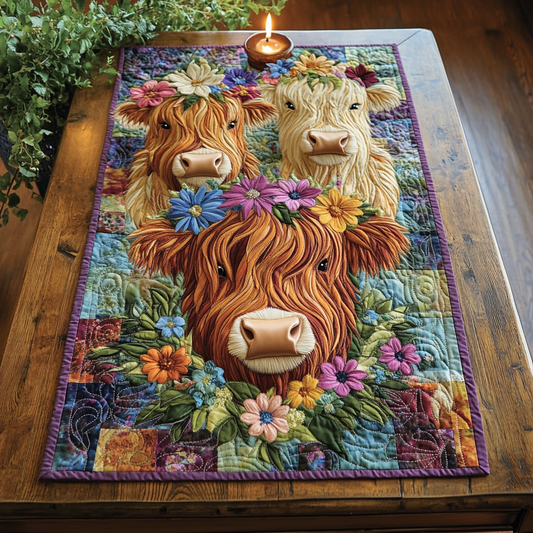 Flower Highland Cow DAI150125333 Quilted Table Runner