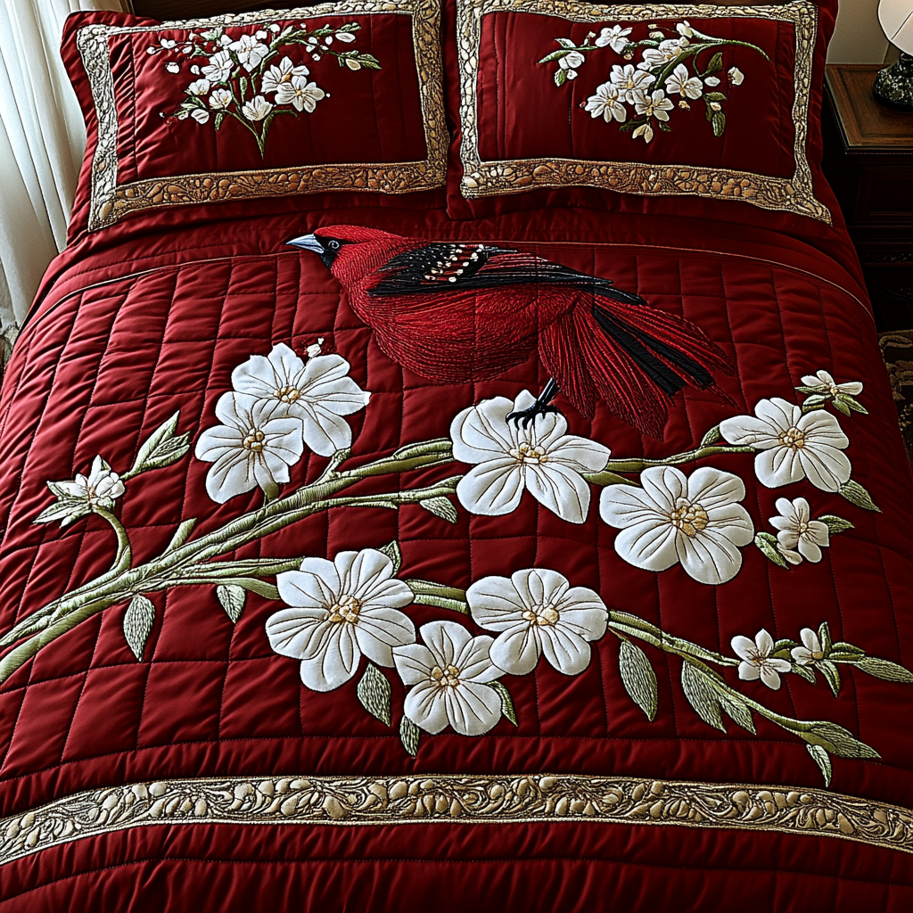 Cardinal On Blossom Branch TAI101224457 Quilt Bedding Set