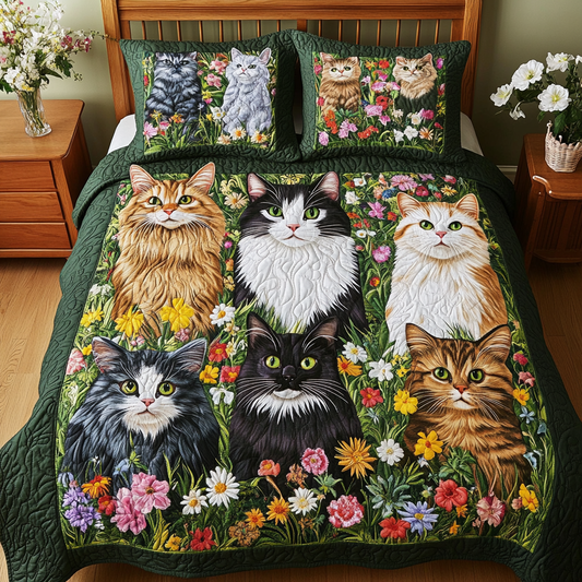 Cats In Flower Garden TAI111124044 Quilt Bedding Set