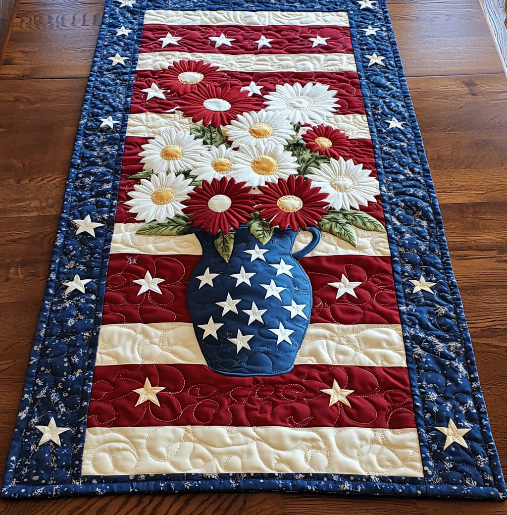 Patriotic Daisy Flower DAI200125320 Quilted Table Runner