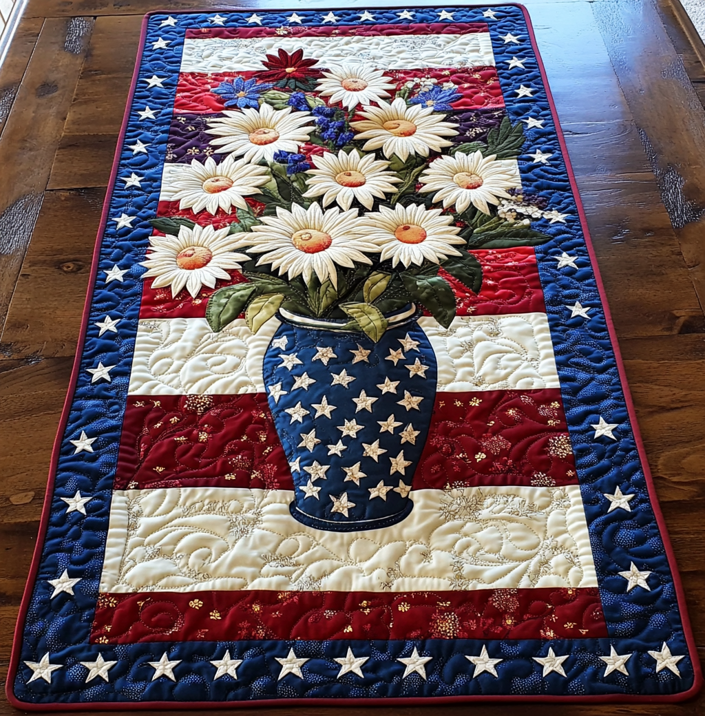 Patriotic Daisy Flower DAI200125319 Quilted Table Runner