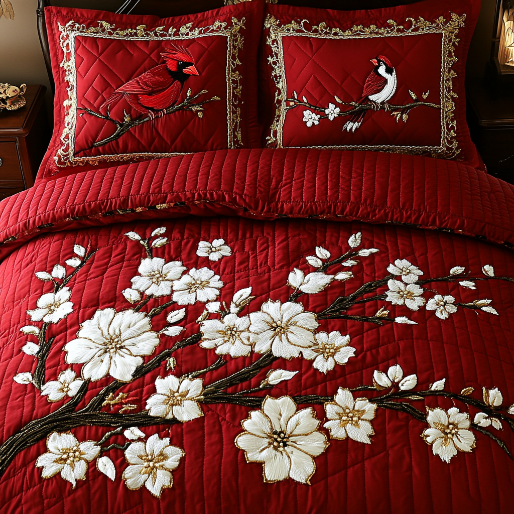 Cardinal On Blossom Branch TAI101224527 Quilt Bedding Set