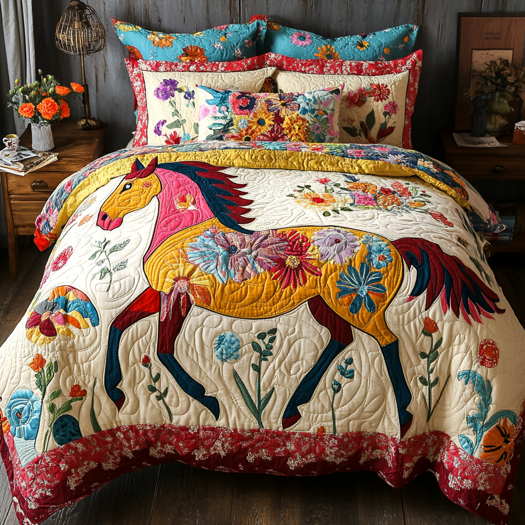 Floral Horse TAI101224352 Quilt Bedding Set