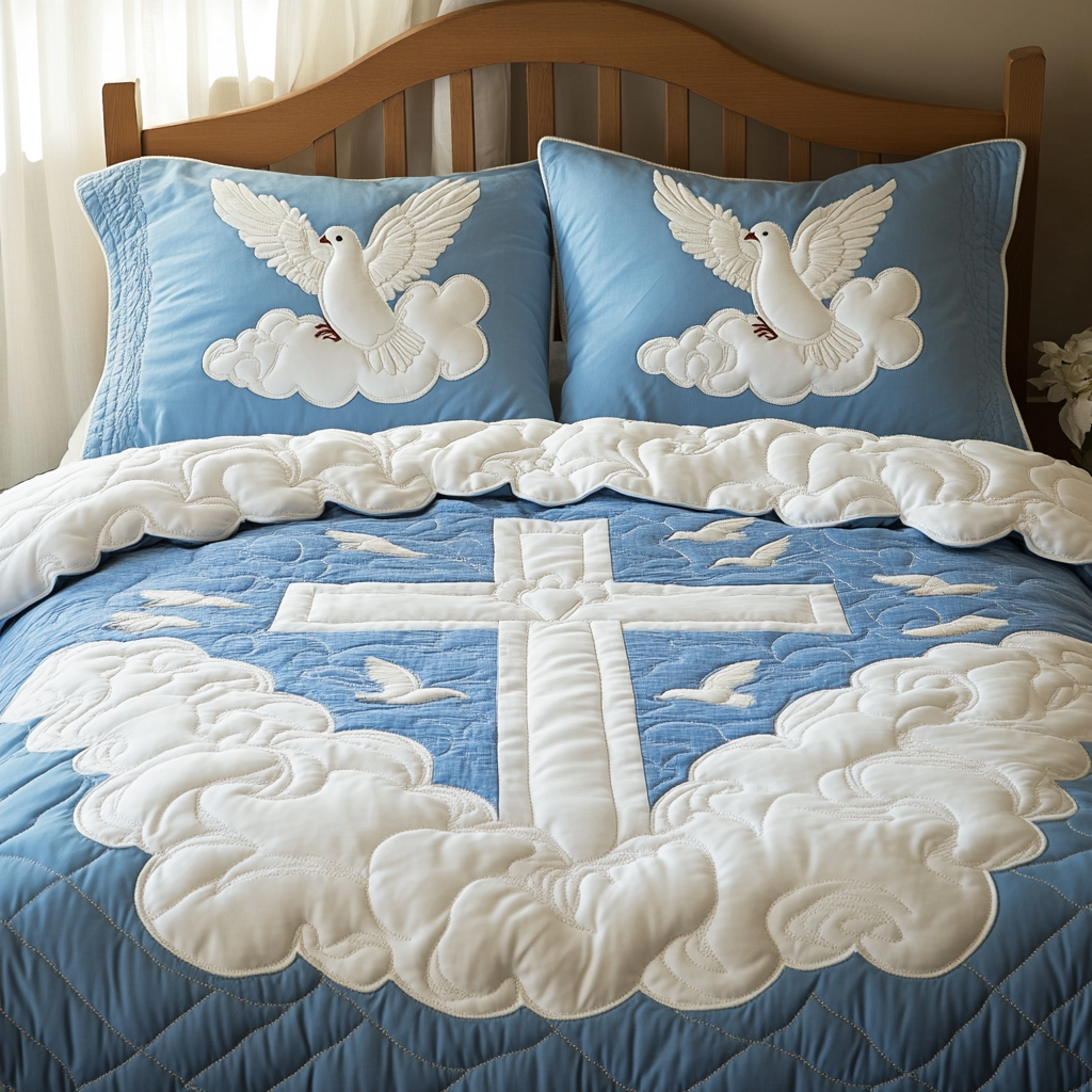 Dove With Christian Cross DAI090125040 Quilt Bedding Set