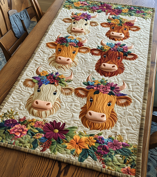 Flower Highland Cow DAI150125336 Quilted Table Runner