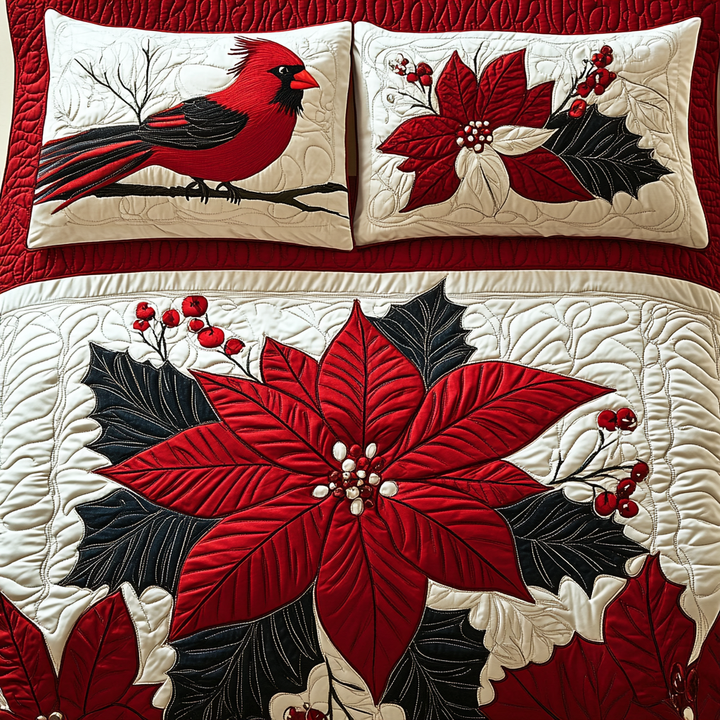 Christmas Poinsettia Cardinal TAI041124229 Quilt Bedding Set